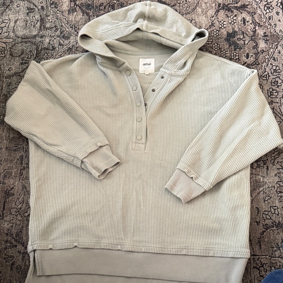 Aerie Ribbed Textured Henley Hoodie - Light Gray - Picture 7 of 9